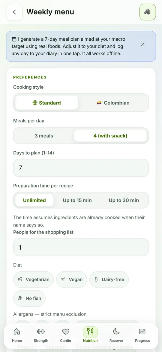 Horme meal planner settings