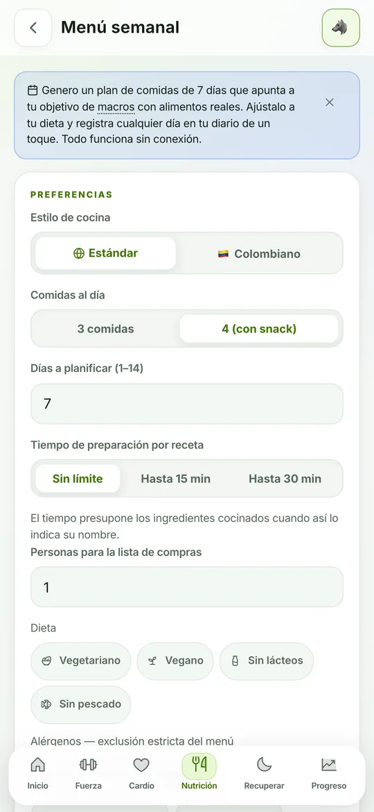 Configuración del planificador de menús de Horme