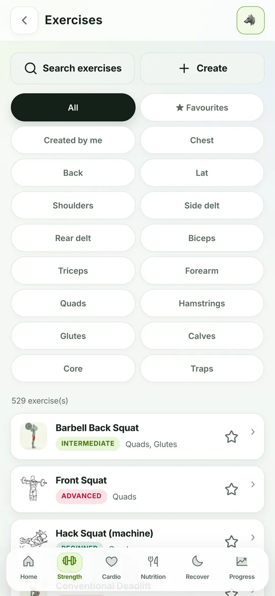 Exercise entry with animation and worked muscles
