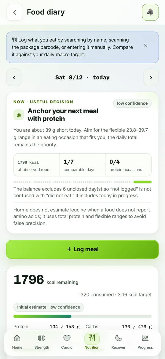 Nutrition diary with calories and macros