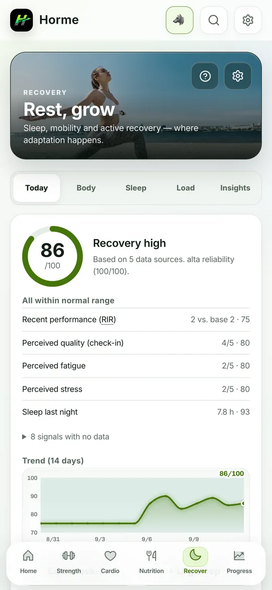 Recovery screen with sleep and fatigue