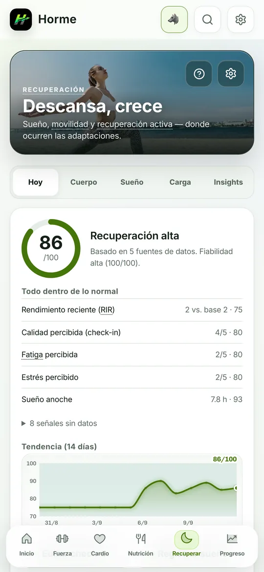 Pantalla de recuperación con sueño y fatiga