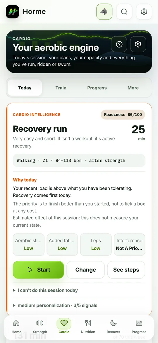 The Cardio tab with the session of the day and weekly adherence