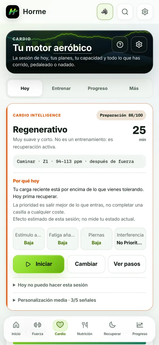 La pestaña de Cardio con la sesión del día y la adherencia semanal